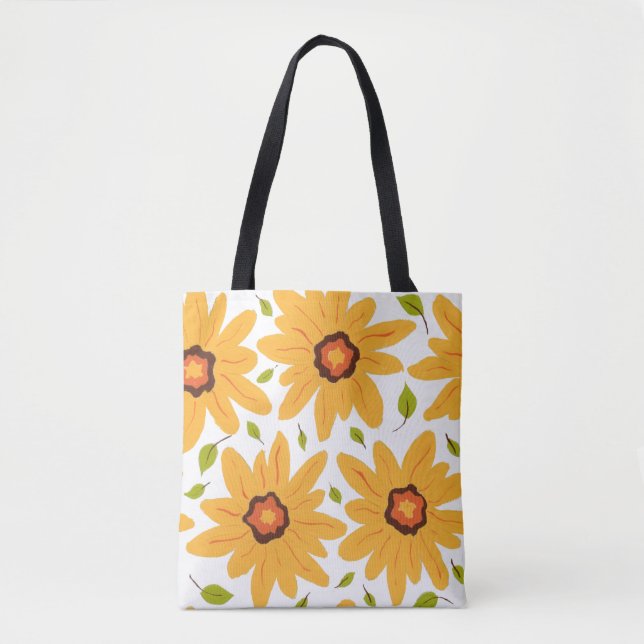 Sunny Yellow Hand-Painted Daisy Flower on White Tote Bag (Front)