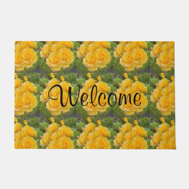 Sunny Yellow Kaleidoscope Rose Bouquet Welcome Doormat (Front)