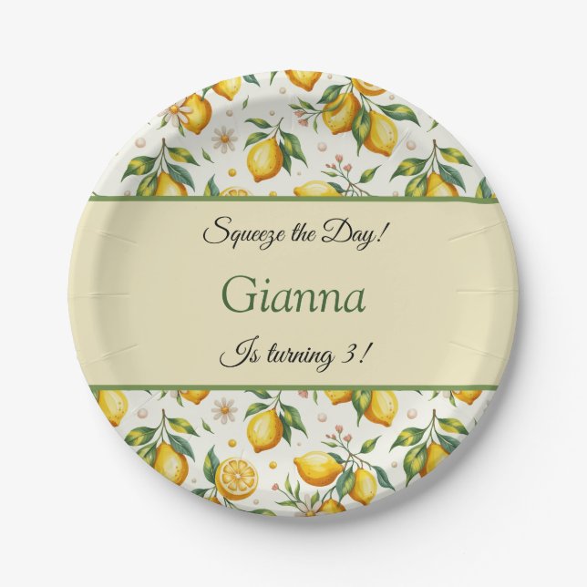 Sunny Yellow Lemon Watercolor Pattern Birthday  Paper Plates (Front)