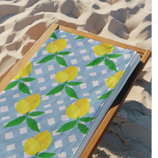 Sunny Yellow Lemons Blue White Check Beach Towel (Sunny lemons at the beach!)