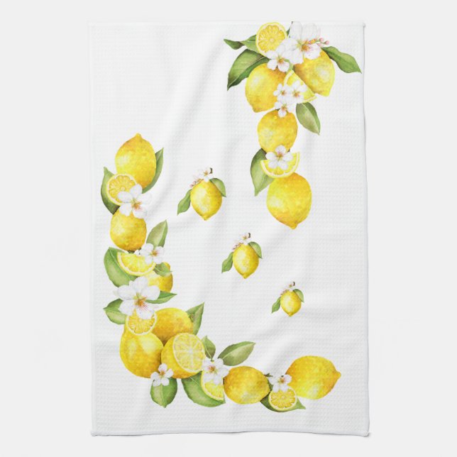 Sunny Yellow Lemons with White Blossoms Kitchen Towel (Vertical)