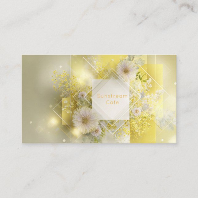 Sunny Yellow Mimosa Floral Geometric Diamond Business Card (Front)