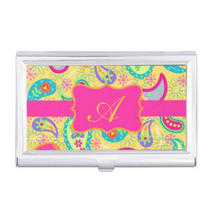 Sunny Yellow Modern Paisley Pattern Monogram Case For Business Cards