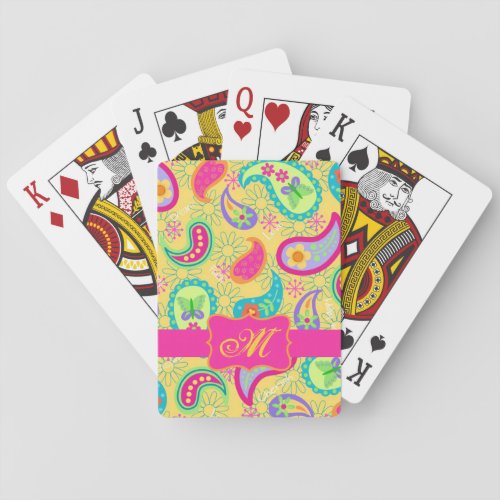 Sunny Yellow Modern Paisley Pattern Monogram Poker Cards