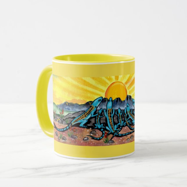 Sunny Yellow Mug,  Blue Lizard Watching Sunrise Mug (Front Left)