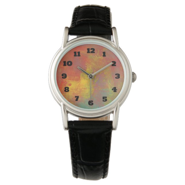 Sunny Yellow Orange Green Rustic Grunge Abstract Watch (Front)