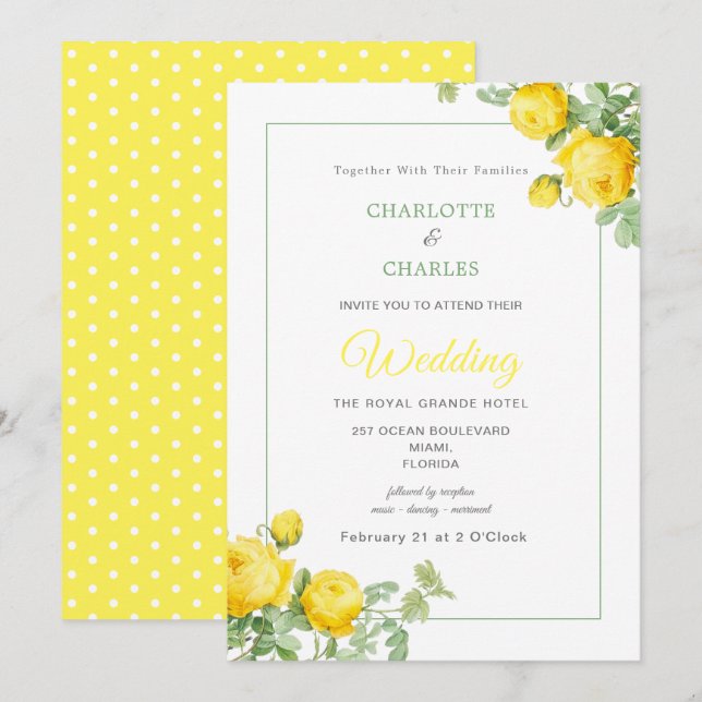 Sunny Yellow Roses Elegant Floral Wedding Invitation (Front/Back)