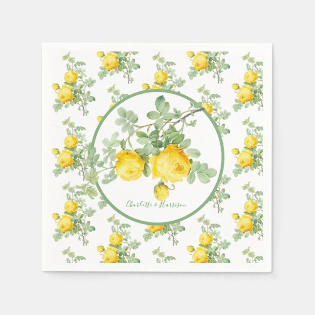 Sunny Yellow Roses Elegant Floral Wedding Napkins (Front)