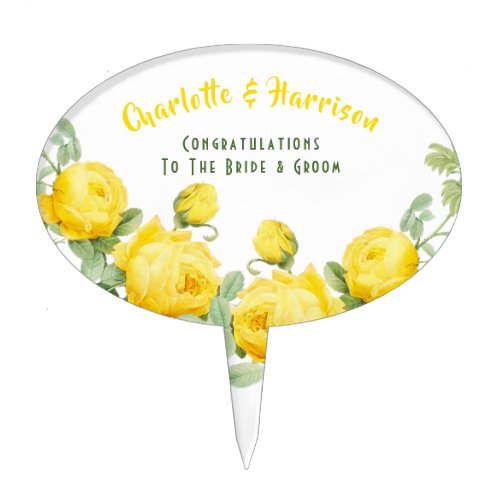 Sunny Yellow Roses Floral Elegant Wedding Cake Topper