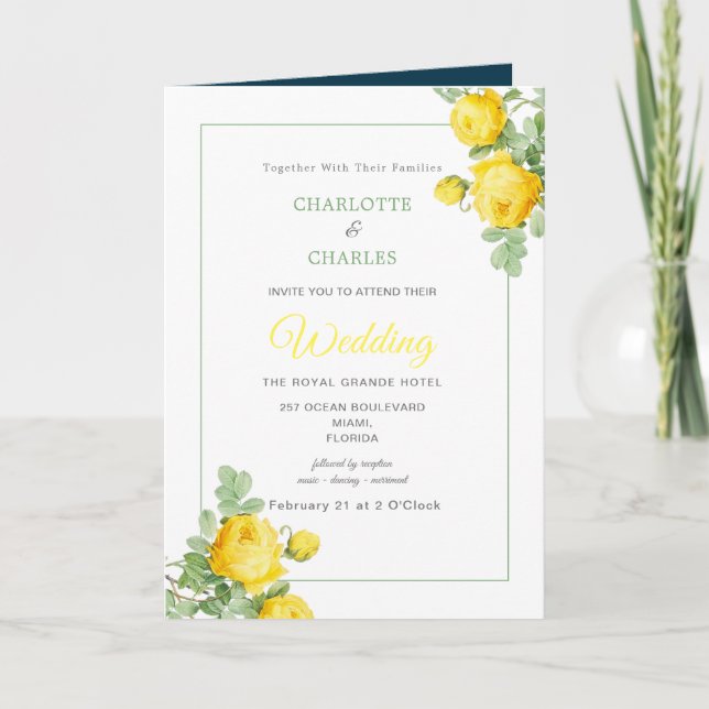 Sunny Yellow Roses Floral Elegant Wedding  Invitation (Front)