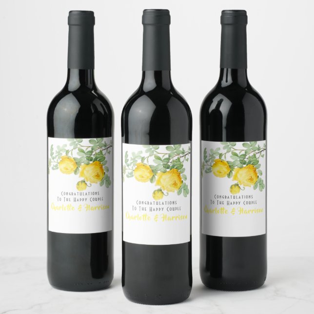 Sunny Yellow Roses Floral Elegant Wedding Wine Label (Bottles)