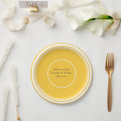 Sunny Yellow Script Names Wedding Cake Paper Plates