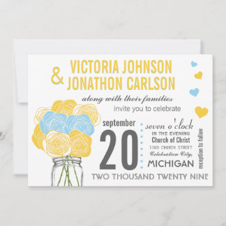 Sunny Yellow Sky Blue Floral Modern Typography Invitation