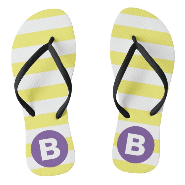 Sunny Yellow Striped Purple Monogram Flip Flops (Footbed)