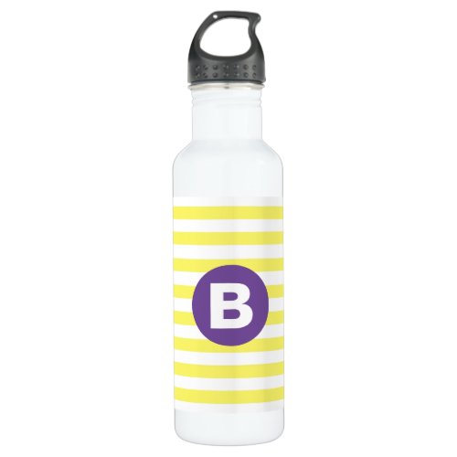 Sunny Yellow Striped Purple Monogram Stainless Steel Water Bottle