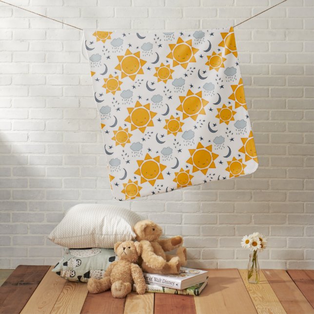 Sunny yellow sun suns with blue moons and stars fo baby blanket (In Situ)