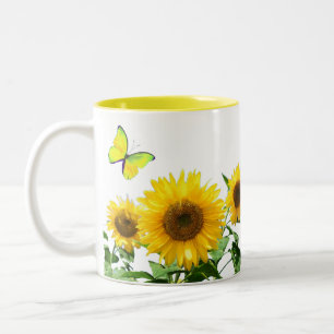 Sunny Yellow Sunflowers and Butterfly Two-Tone Coffee Mug