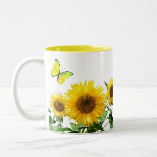 Sunny Yellow Sunflowers and Butterfly Two_Tone Coffee Mug