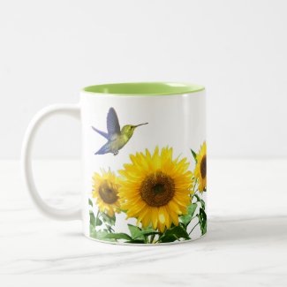 Sunny Yellow Sunflowers and Hummingbird