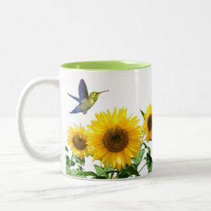 Sunny Yellow Sunflowers and Hummingbird Two-Tone Coffee Mug