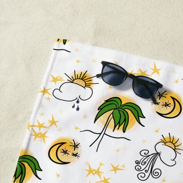 Sunny Yellow Suns, Stars, and Moon with Green Palm Beach Towel (In Situ)