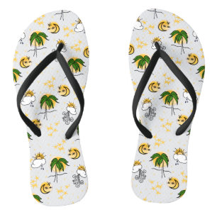 Sunny Yellow Suns, Stars, and Moon with Green Palm Flip Flops