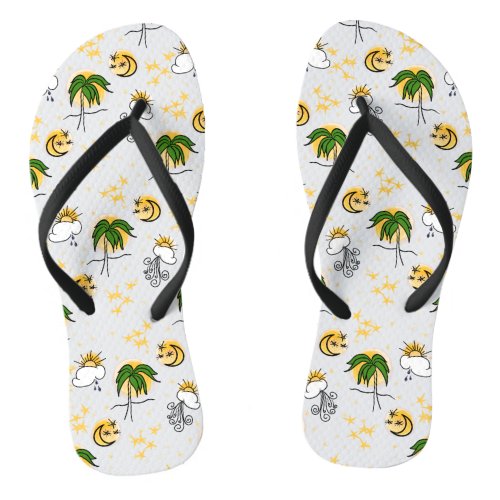 Sunny Yellow Suns Stars and Moon with Green Palm Flip Flops