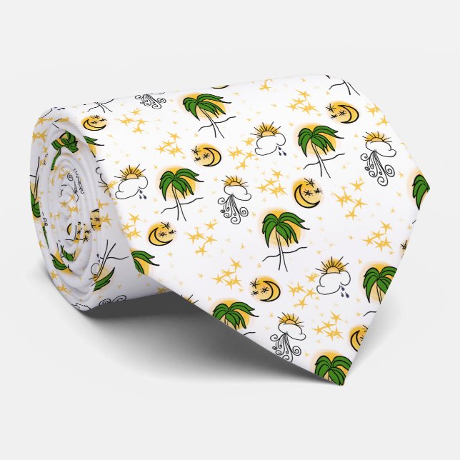 Sunny Yellow Suns, Stars, and Moon with Green Palm Neck Tie (Rolled)