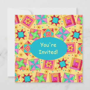 Sunny Yellow & Turquoise Patchwork Quilt Block Art Invitation