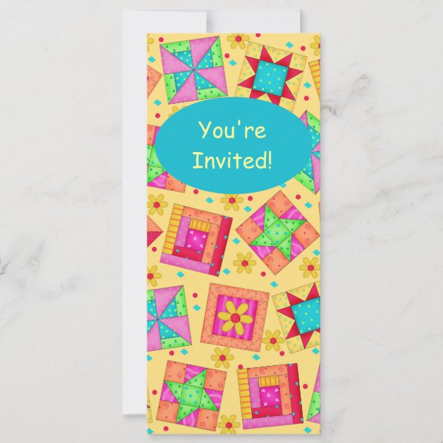 Sunny Yellow & Turquoise Patchwork Quilt Block Art Invitation (Front)