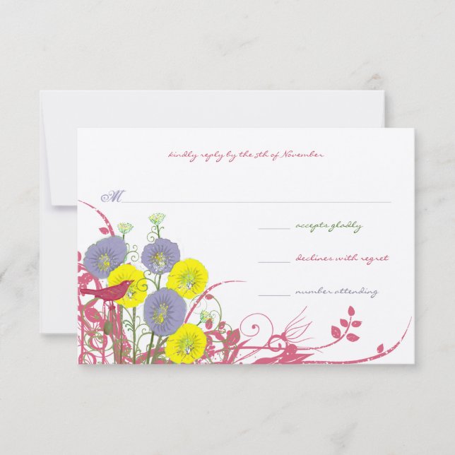 Sunny Yellow Violet Pink Wildflower Bloom Wedding  RSVP Card (Front)