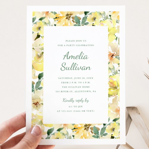 Sunny Yellow Watercolor Floral Party Invitation