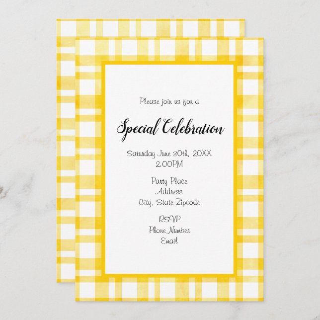 'Sunny Yellow Watercolor Plaid' Any Occasion Invitation (Front/Back)