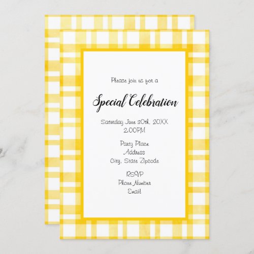 Sunny Yellow Watercolor Plaid Any Occasion Invitation