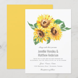 Sunny Yellow Watercolor Sunflowers Wedding | Invitation