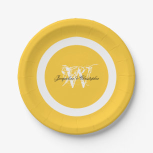 Sunny Yellow Wedding Chic Elegant White Monogram Paper Plates