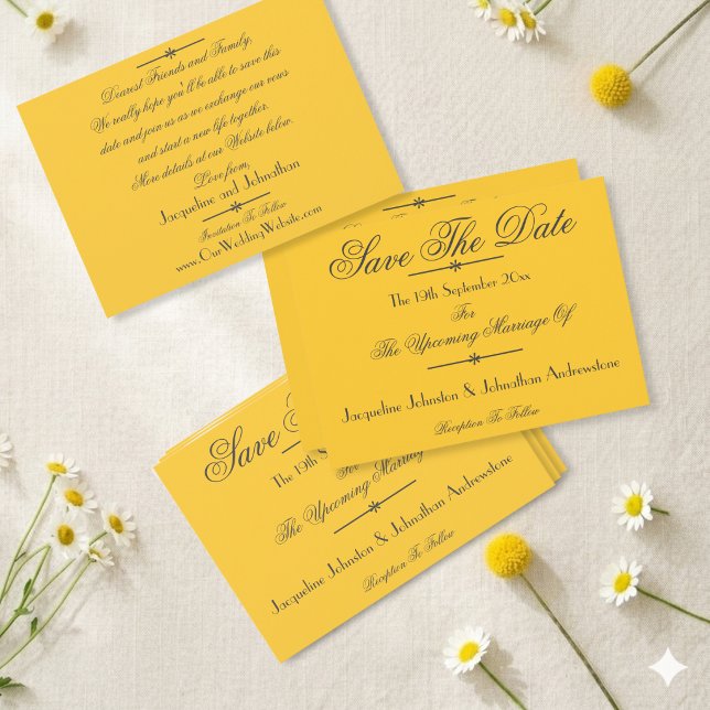 Sunny Yellow Wedding Dark Script Save The Date Announcement (Just lovely! A timeless elegant classic.)
