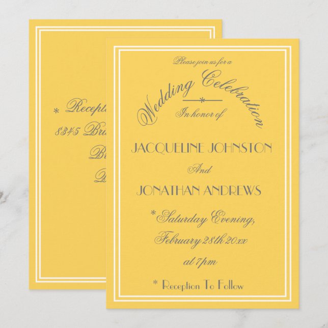 Sunny Yellow Wedding Elegant Gray Script Details Invitation (Front/Back)