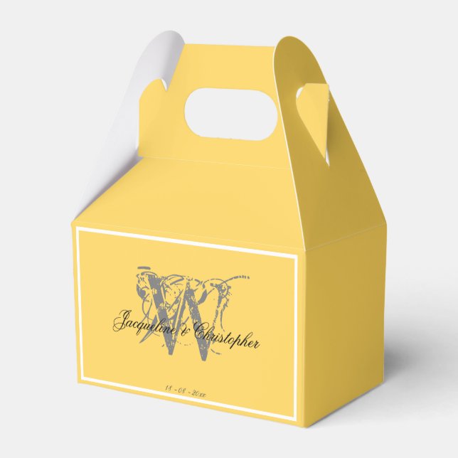 Sunny Yellow Wedding Gray Monogram Black Names Favor Boxes (Front Side)