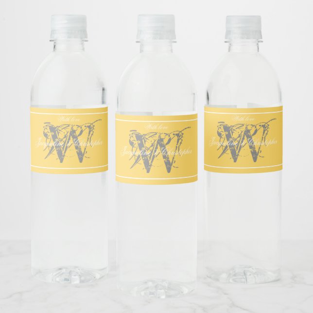 Sunny Yellow Wedding Gray Monogram White Names Water Bottle Label (Bottles)