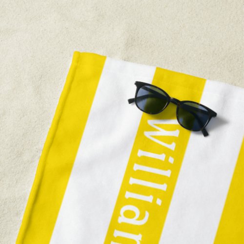 Sunny Yellow White  Cabana Stripes Personalized Beach Towel