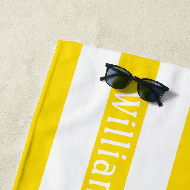 Sunny Yellow White | Cabana Stripes Personalized Beach Towel (In Situ)