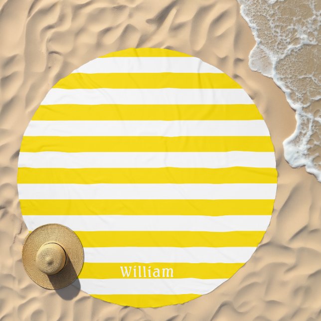 Sunny Yellow White | Cabana Stripes Personalized Beach Towel (Beach)