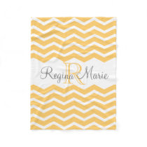 Sunny Yellow/ White Monogram Name Keepsake Chevron Fleece Blanket
