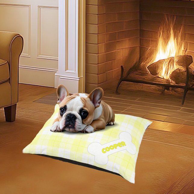 Sunny Yellow White Plaid Pattern Name Bone  Pet Bed (Creator Uploaded)