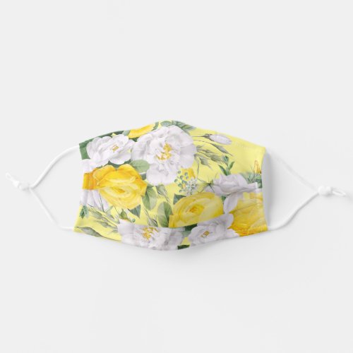 Sunny Yellow White Roses Floral Art Green Foliage Adult Cloth Face Mask