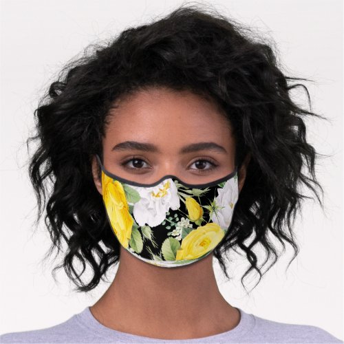 Sunny Yellow White Roses Floral Leaves On Black Premium Face Mask