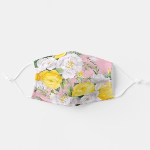 Sunny Yellow White Roses Floral Leaves On Pink Adult Cloth Face Mask