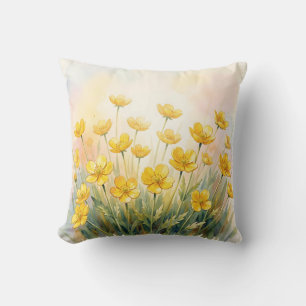 Sunny Yellow Wildflower Watercolor Throw Pillow