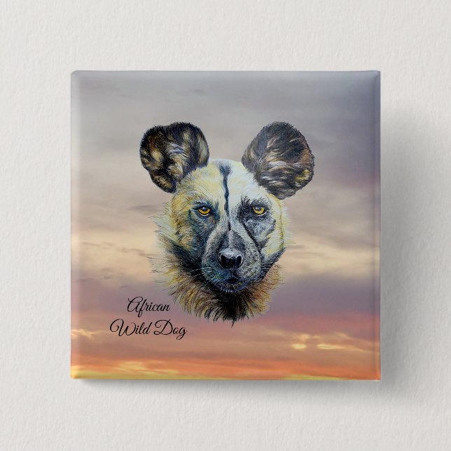 Sunrise African Wild Dog Endangered Original Art  Button (Front)
